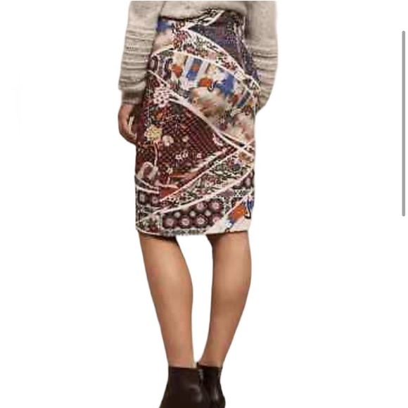 Anthropologie Maeve Vannia Asian Crane Knit Midi Slip Pencil Skirt Womens Small - Picture 2 of 8